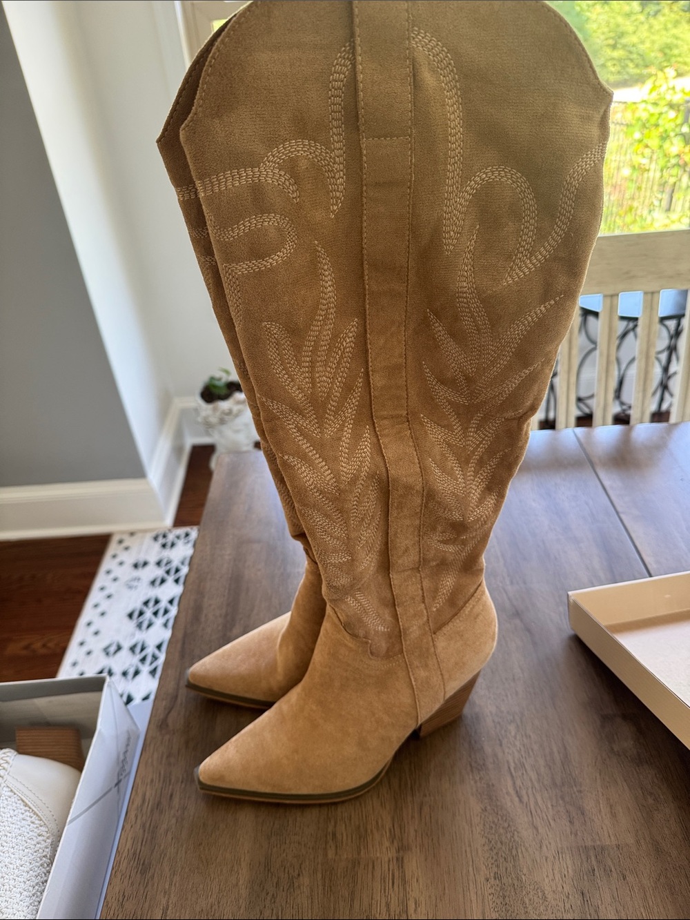 Women’s Tan Suede Western Knee-High Boots - Picture 2 of 7